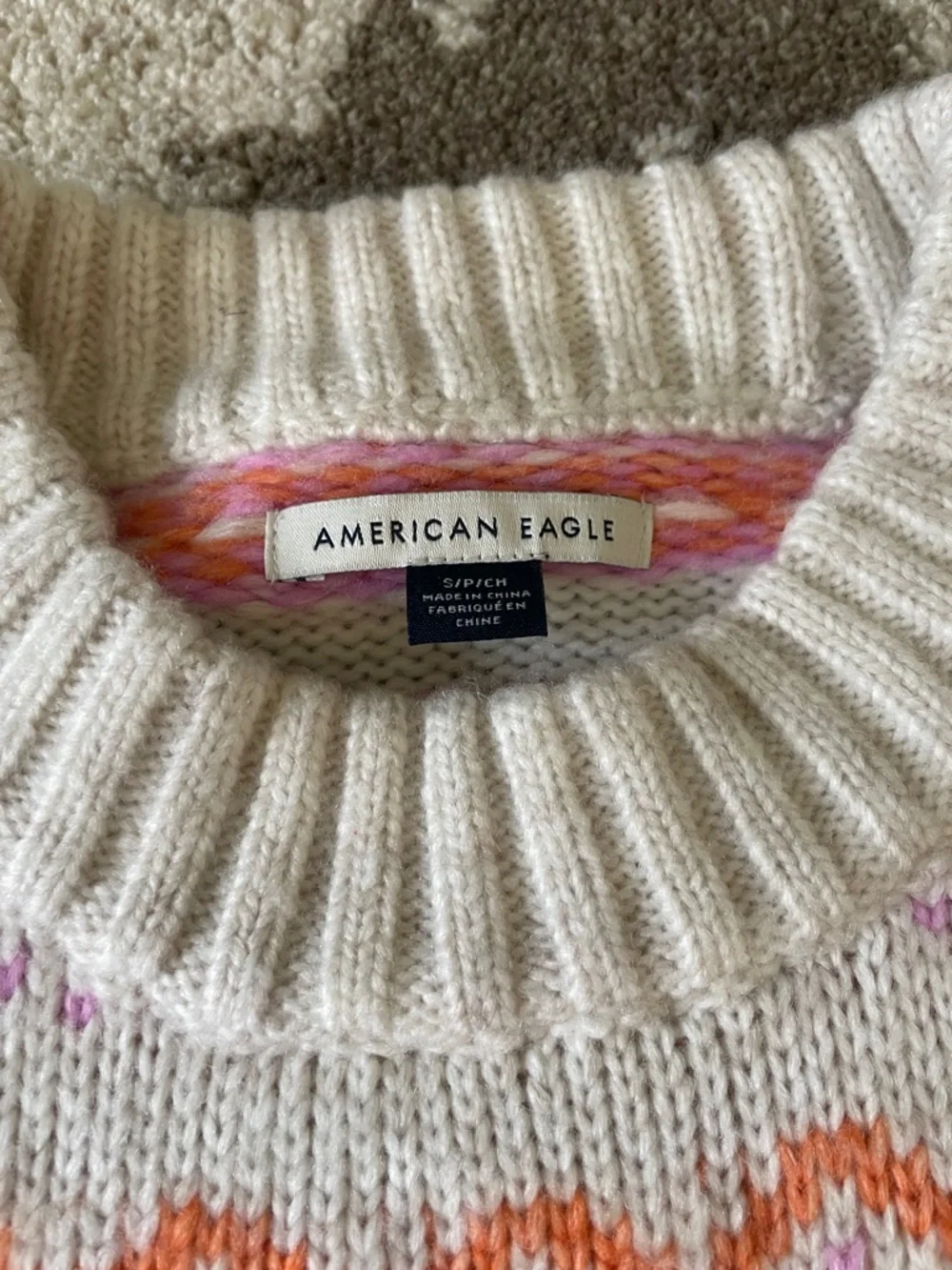 American eagle Crewneck Women's Sweater in Cream with Pastel Stripe Pattern - Picture 2 of 4